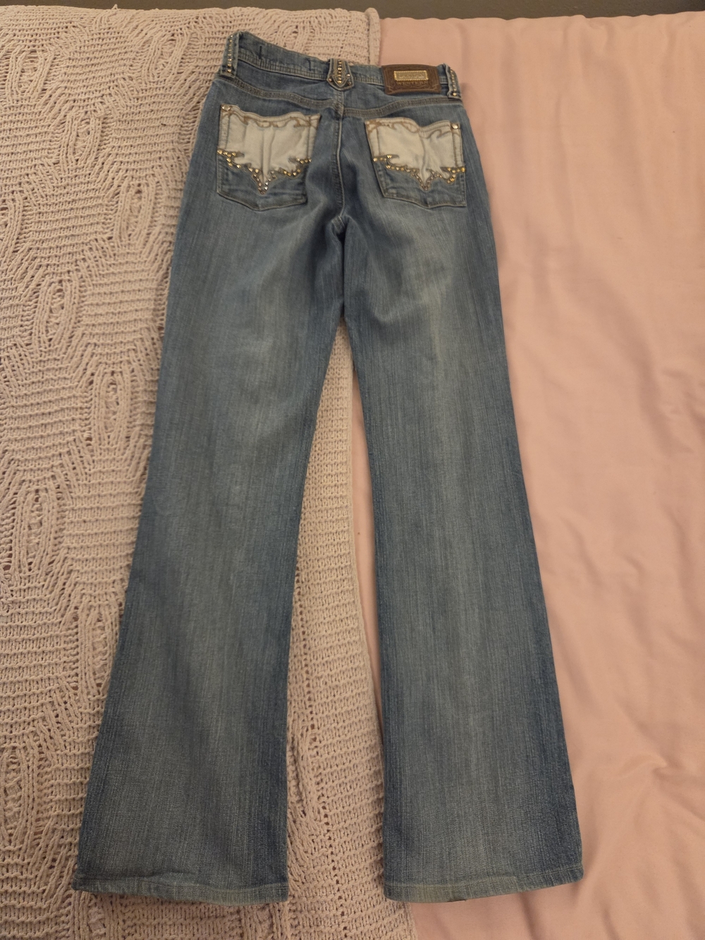 Light Blue Women's Boot Cut Jeans with Embellished Back Pockets